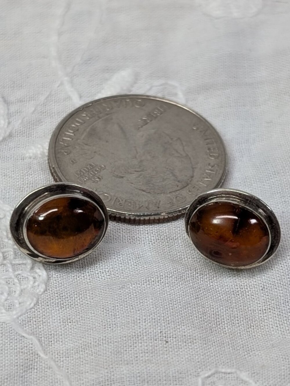 Vintage Amber Cabochon Orange/Cognac Stone with Silver Stud Post Earrings - Picture 11 of 13